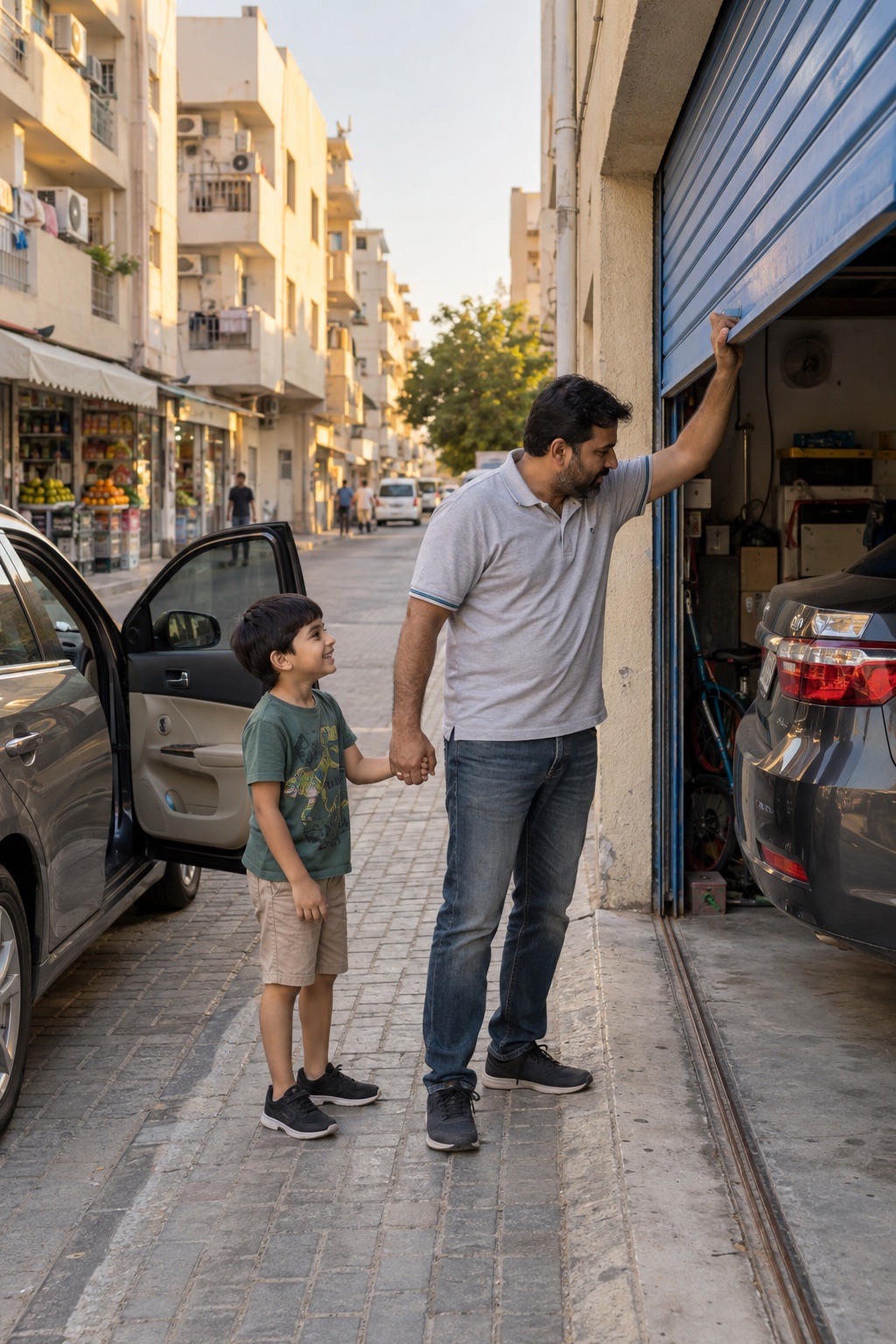 في الكرامة بدبي، أب يرفع باب كراجه الصغير في الشارع بينما يمسك ابنه بيده.