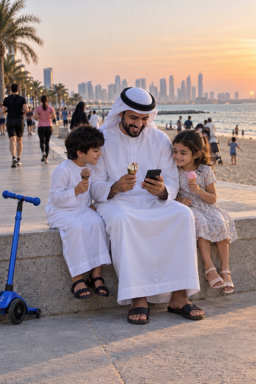 على ممشى جميرا، أب يتناول المثلجات مع طفليه ويبتسم وهو ينظر إلى هاتفه.